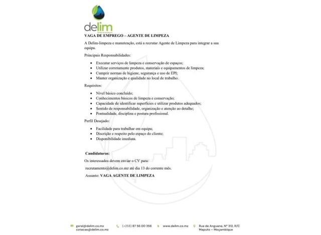 Vaga de emprego – agente de limpeza