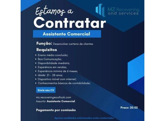 Vaga para assistente comercial/vendas mais vagas