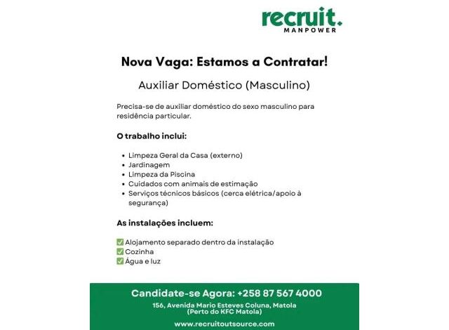 Vaga para auxiliar doméstico (masculino)