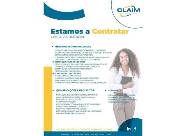 Vaga para gestora comercial mais vagas