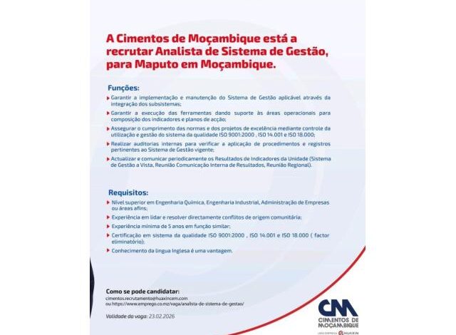 Vaga – analista de sistema de gestão |baseado em maputo