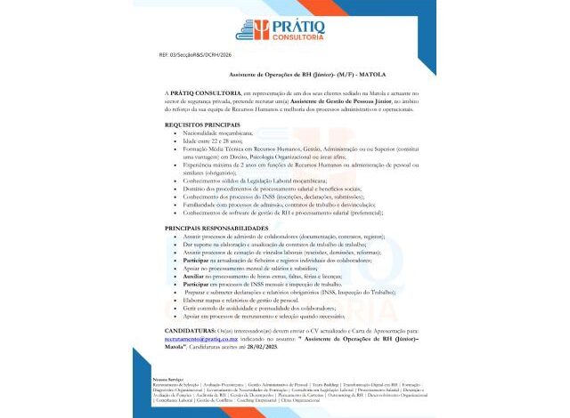 Vaga – assistente de operações de rh (júnior)
