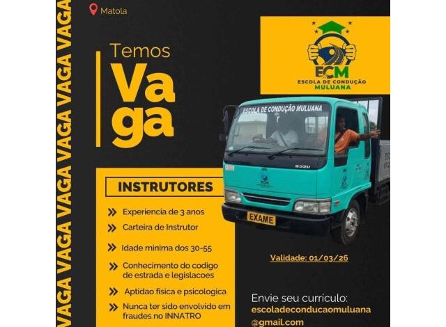Vagas para (02) instrutores de condução na escola de condução