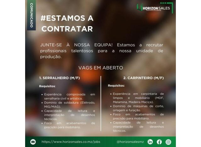 Vagas para serralheiro e carpinteiro