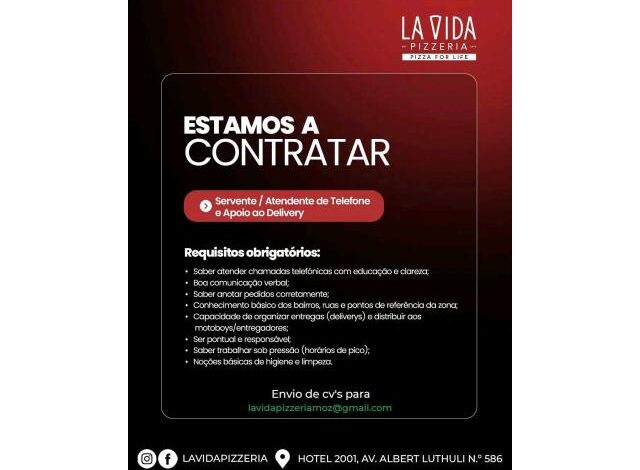 Vagas para servente / atendente de telefone e apoio ao