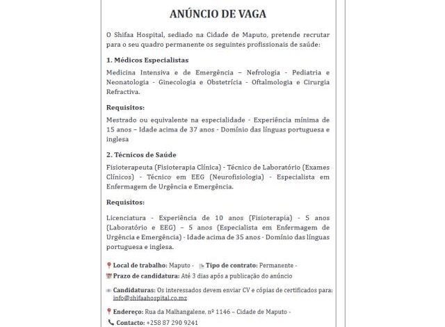 Vagas abertas para tÉcnicos de saÚde shifaa hospital