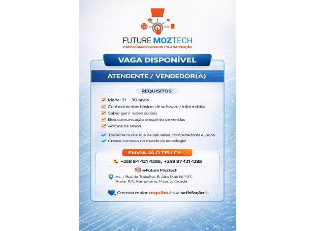 Vaga de emprego para atendente/vendedor(a)