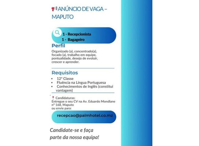 Vagas de emprego para (02) recepcionista e bagageiro com 12ª