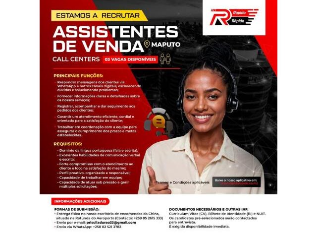 Vagas para (03) assistentes de venda / call centers