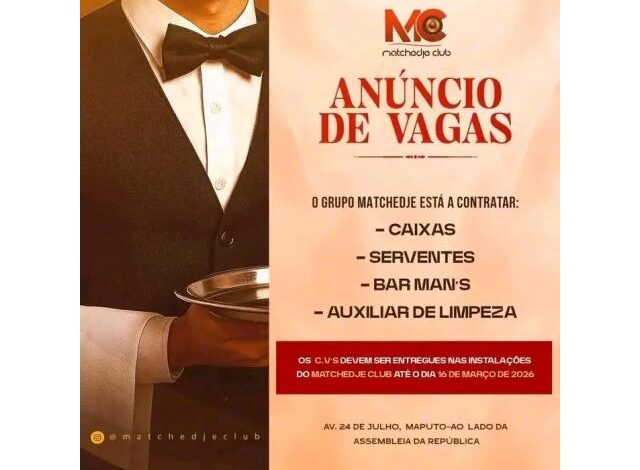 Vagas para (06) caixas, (03) barmans, (03) serventes e auxiliar