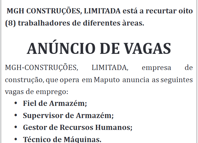 A mgh construÇÕes, limitada está a recurtar oito (8) trabalhadores